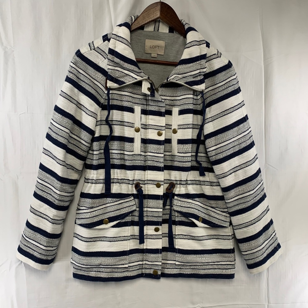 LOFT Utility Jacket Women Small Navy White Striped Drawstring Waist Snap Zip